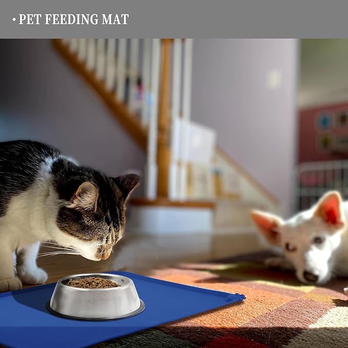 Waterproof Pet Feeding Mat with High Raised Edges, Heavier and Thicker Placemats for Cat Dog Water Bowl with BPA Free, Dogs Cats Food Mats for Messy Drinkers to Prevent Spill and Protect Floors