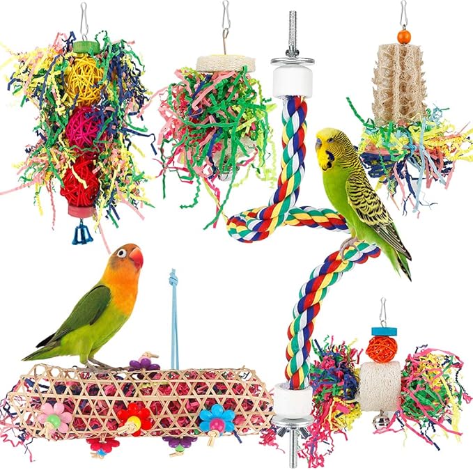 Foraging Bird Toys - Shredding Parakeet Toys with Rope Perch for Conure, Cockatiel, Budgies, Lovebird, Parrotlet
