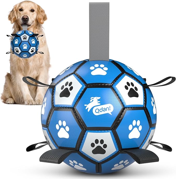 QDAN Dog Ropes Toys, Soccer Ball with Straps, Puppy Birthday Gifts, Durable Balls for Medium Large Dogs-Blue&Grey（8 Inch）
