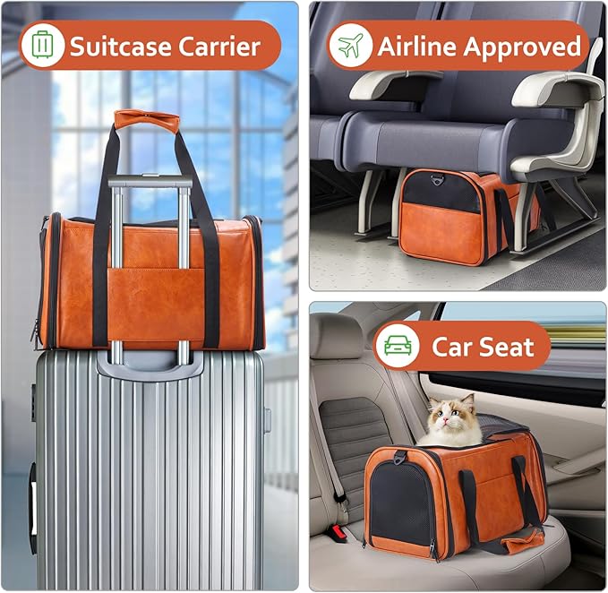 Fashion Leather Dog Carrier Cat Carrier Airline Approved Pet Carrier for Small Medium Dogs Cats Under 15Lbs, Collapsible Soft Sided Travel Puppy Carrier Brown