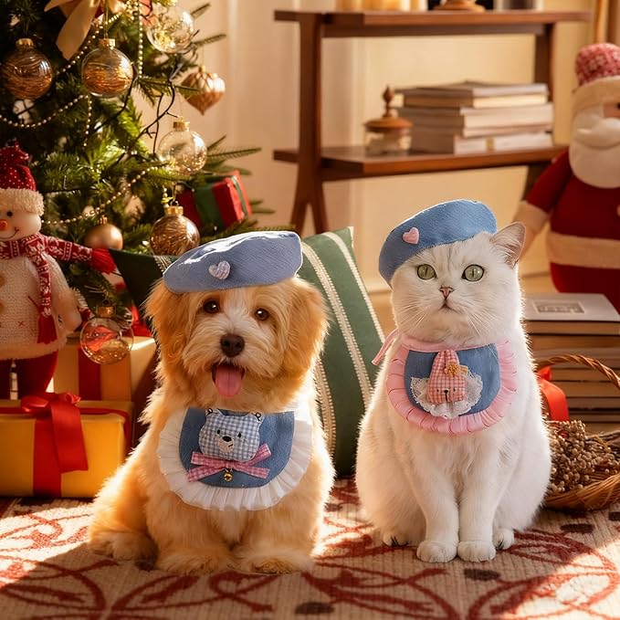 HOWWFALY Adorable Cat Princess Costume Blue Cat Beret with Little Heart & Bear Bib Scarf Bell Bow Set, Adjustable Pet Costume for Halloween Christmas Birthday Parties