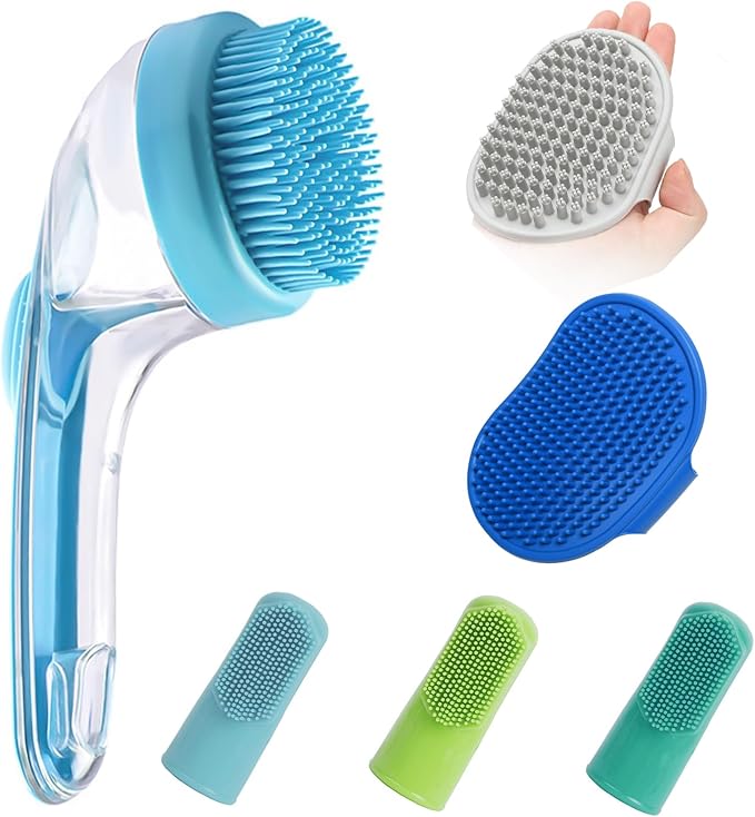 (6 Pcs) ELEGX Pet Grooming Bath Massage Brush with Soap and Shampoo Dispenser Soft Silicone Bristle for Long Short Haired Dogs Cats Shower