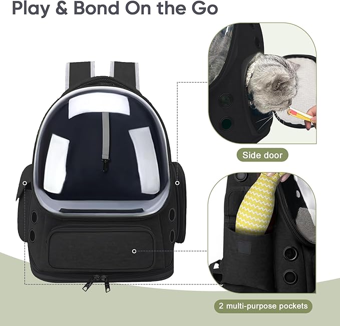 Breathable Cat Backpack Carrier, Large Space Cat Bubble Backpack for Kitty & Small Dog up to 18lbs, Foldable Cat Carrier Backpack, Transparent Airline Approved Carrier for Travel (Black)