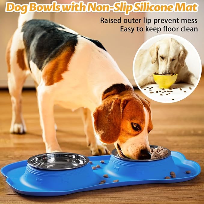 Hubulk Pet Dog Bowls 2 Stainless Steel Dog Bowl with No Spill Non-Skid Silicone Mat + Pet Food Scoop Water and Food Feeder Bowls for Feeding Small Medium Large Dogs Cats Puppies (Extra Large, Blue)
