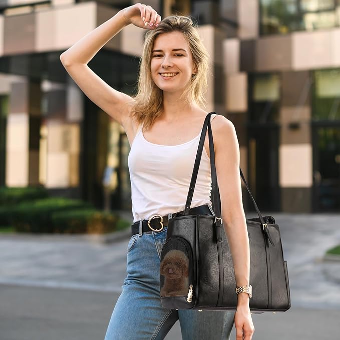 Fashion Dog Purse Pet Carrier Leather Bag for Small Dogs Cats Puppy, Portable Tote Bag Airline Approved Soft-Sided Carriers (Black)