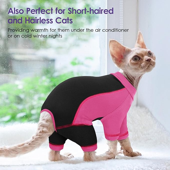 SUNFURA Hair Sticky Cat Clothes, Cat Sweater for Cats Only, 4-Legged Fleece Sweaters Kitten Pajamas Reduce Shedding Fur, Warm Pullover Shirts for Cats, Pink XL