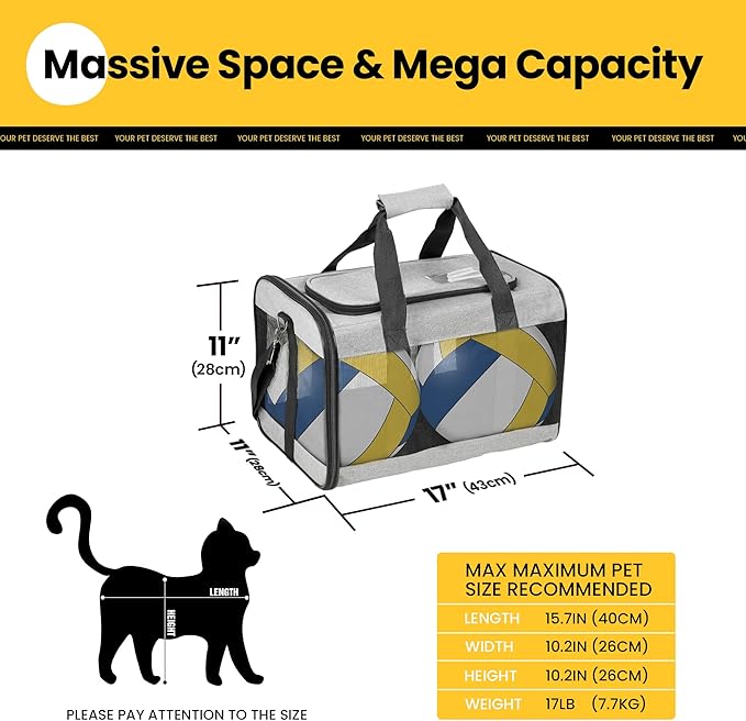 Cat Carrier Airline Approved, Soft-Sided Dog Carrier with Inner Safety Leash, Pet Transport Carrier for Small-Medium Cats Puppies up to 15 Lbs, Collapsible Travel Kitten Carrier Bag -Gray M