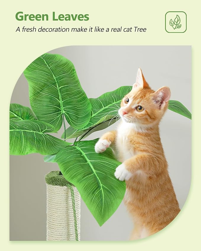 Small Cat Tree, 28" Cat Tower with Sisal Scratching Posts and Coconut Leaves for Indoor Small Cats, Large Hammock and Dangling Ball for Kittens, Green