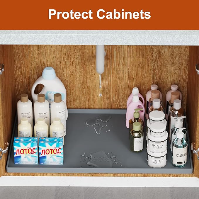 Extra Thick Silicone Mat Waterproof with Raised Edge 34" x 22", Under Sink Mat for Kitchen & Bathroom, Kitchen Cabinet Liner, Multi-Purpose for Storage & Protection, Gray