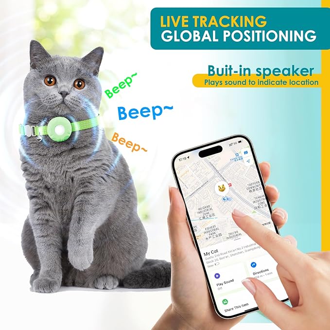 Cat Tracker, Lightweight Pet Tracker for Cats, Cat GPS Tracker Compatible with Apple Find My App(Only iOS), Real-Time Tracking, Precise Positioning, Waterproof, No Monthly Fee, Smart Alerts