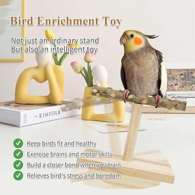 Natural Wood Bird Perch Stand,Rocking Perch for Birds,Intelligence Puzzle Training Wood Parrot Tumbler Toy,Bird Stand Swing Playstand Birds Accessories for Parakeets,Cockatiels,Budgies,Conures(Small)