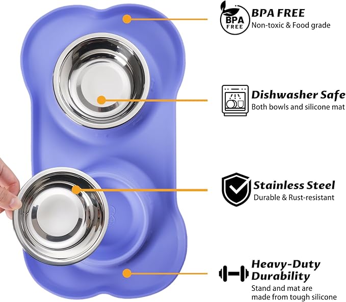 Hubulk Pet Dog Bowls 2 Stainless Steel Dog Bowl with No Spill Non-Skid Silicone Mat + Pet Food Scoop Water and Food Feeder Bowls for Feeding Small Medium Large Dogs Cats Puppies (X- Large, Purple)…