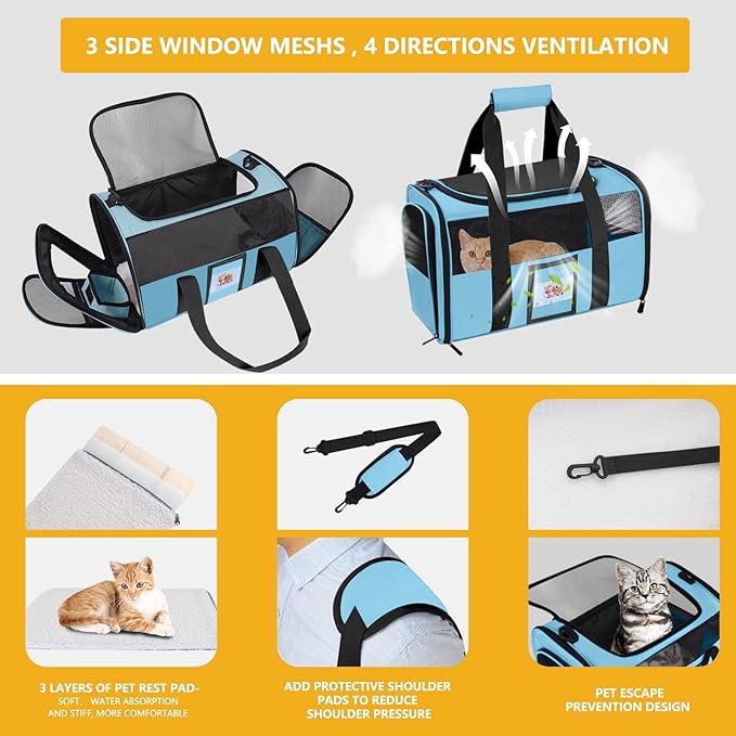 Cat Carrier Dog Carriers Airline Approved for Small Dogs, Kitten, Carriers for Small Medium Cats Under 15lb, Collapsible Soft Sided TSA Approved Pet Travel Carrier-Blue