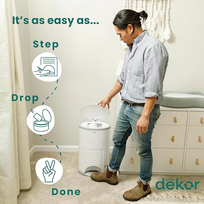 Diaper Dekor EKO Classic Diaper Pail, White | ONLY Eco-Friendly Diaper Pail Made with 70% Recycled Materials | Hands-Free: Step–Drop–Done | Cost-Effective Refill System