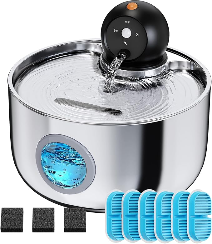 Cat Water Fountain Battery Operated: Wireless Cat Fountain with Motion Sensor - 88oz/2.6L Cordless Pet Dispenser for Cats Indoor - Automatic Quiet Waterer for Small Animal with 6 filters and 3 sponges