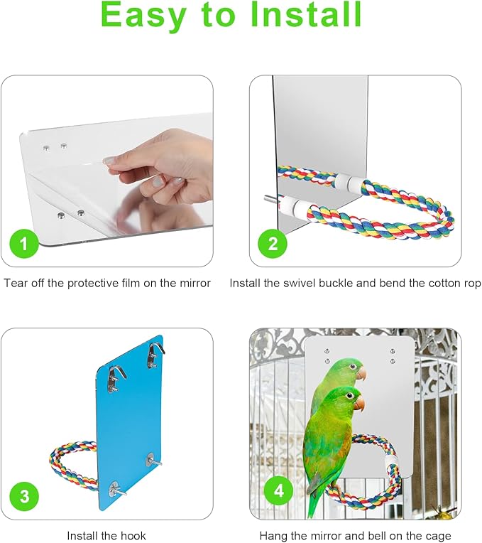 10.6" Bird Mirror with Rope Perch Bird Toys Swing, Comfy Perch for Greys Amazons Parakeet Cockatiel Conure Lovebirds Finch Canaries