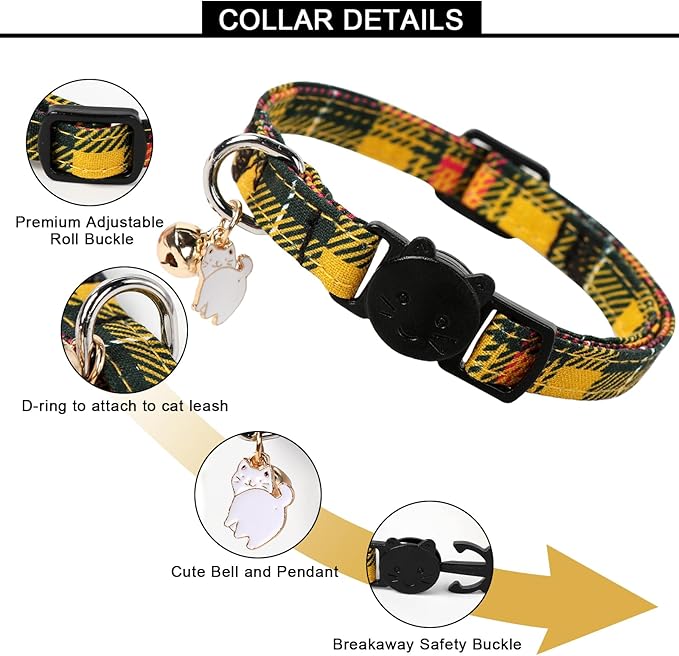 Unique style paws 2 Pack Kitten Collar Breakaway with Bell & Pendant, Adjustable Safety Cat Cotton Collars for Girl Boy Cats and Small Pets