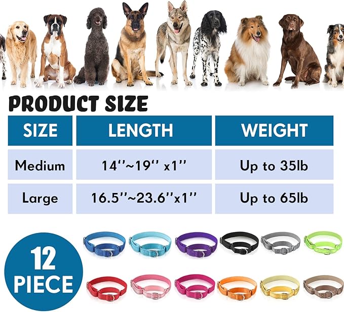 Cunno 12 Pcs Martingale Collar for Medium Dogs Reflective Dog Collar with Durable Metal Buckle Adjustable Nylon Pet Prevent Slipping Out for Pupplies, 12 Colors(Large)