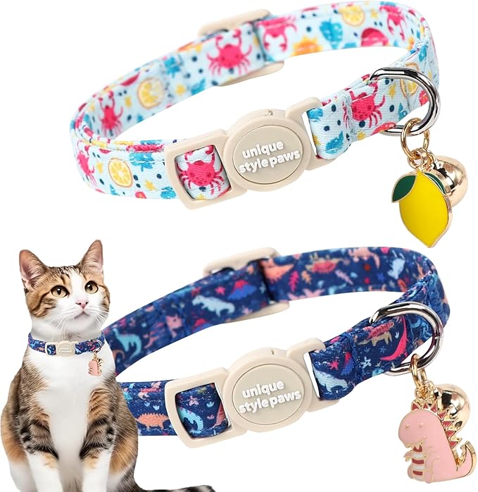 Unique style paws 2 Pack Spring Summer Kitten Collar Breakaway with Bell&Pendant, Adjustable Safety Blue Lemon Dinosaur Cat Cotton Collar for Girl Boy Cat and Small Pet
