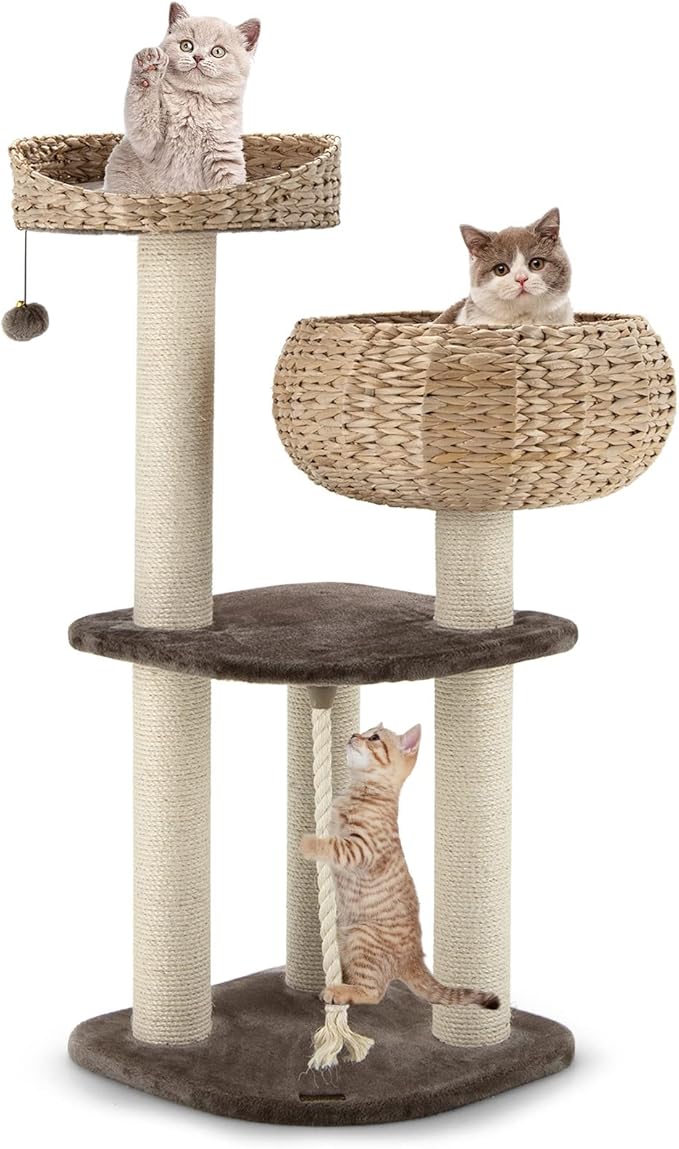 PETSITE 41 Inch Modern Cat Tree for Indoor Cats, Multi-Level Cat Tower with Scratching Posts, Hand-Made Wicker Cat Condo & Top Perch, Dangling Ball, Sisal Rope, Cute Cat Tree for Indoor Cats