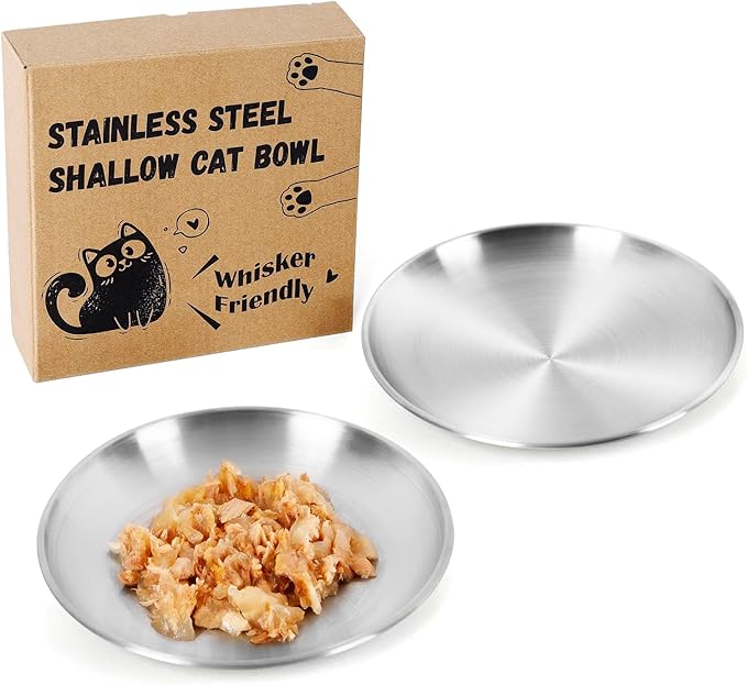 2-Pack Stainless Steel Cat Food Bowls, Shallow Whisker-Friendly Non-Slip Silicone Base Metal Dishes, Easy to Clean Indoor Feeding Flat Plates for Cat, Kitten, Small Dog (6.7")