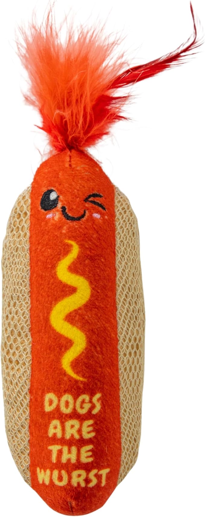 Catstages Hotdog Kicker Toy with Catnip and Dental Mesh, Hot Dog Shape, Plush and Feather Cat Toy for Kicking, Tossing, and Teeth Cleaning, Brown