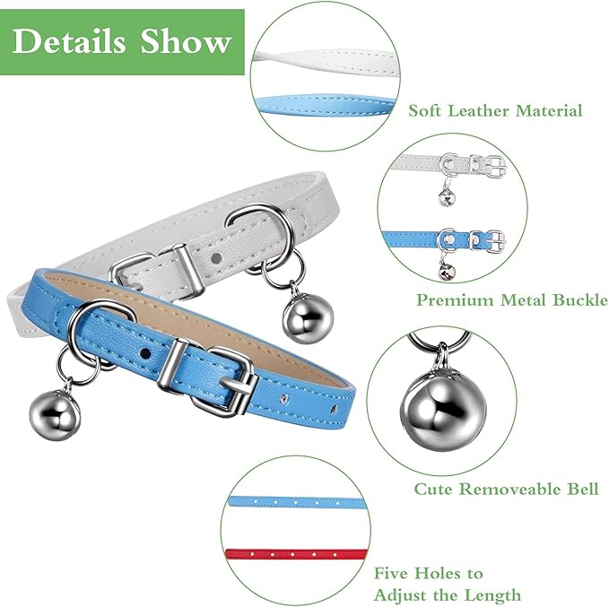 Weewooday 6 Pieces Leather Cat Collar with Bell Cute Pet Leather Kitten Collar for Boy Girl Cats with Safety Elastic Strap for Small Kitten Puppy(Fresh Color)