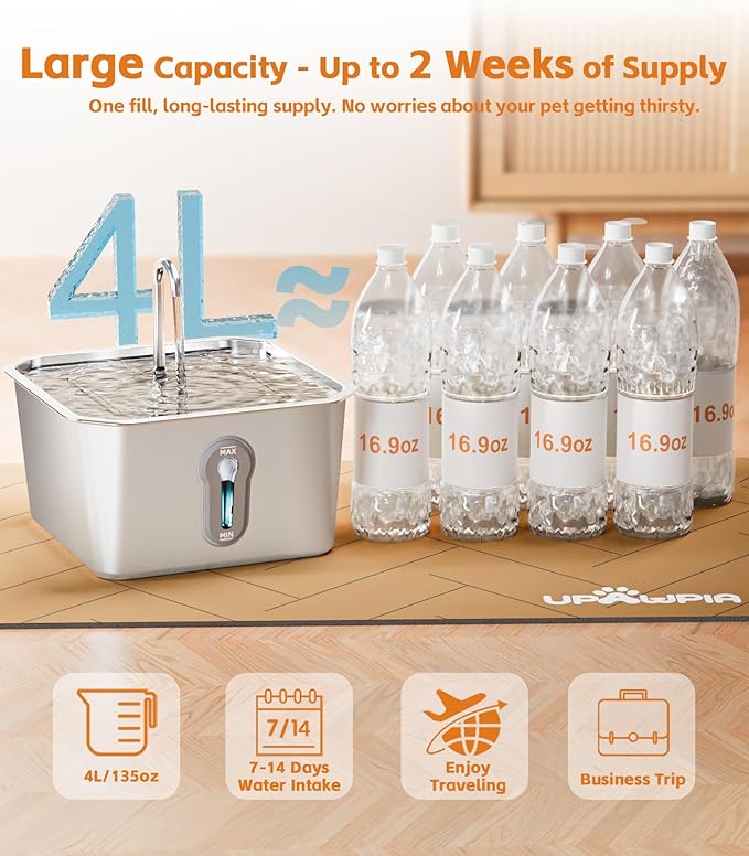 4L/135oz Large Cat Water Fountain Stainless Steel with 8 Filters Pet Water Fountain for Cats Quiet Indoor Pets Dog Small Animal Automatic Dog Water Dispenser for Drinking Watering Supplies