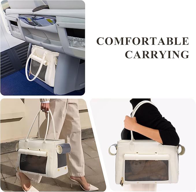 Fashion Pet Carrier Purse for Small Cat and Dog, Luxury Pu Soft-Sided Tote Bag with Large Pockets for Dogs and Puppies (White, 15.8" L x 7.5" W x 11.8" H)