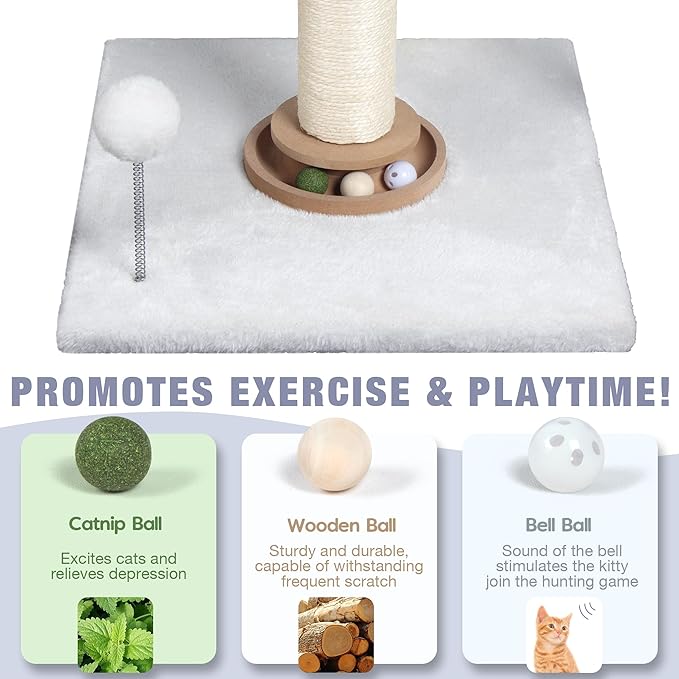 Fantasreen 31" Cat Scratching Post Kitten Toys for Indoor Cats, Interactive Cat Scratcher with Catnip Balls, Sisal Scratch Rope for Large Cats, White