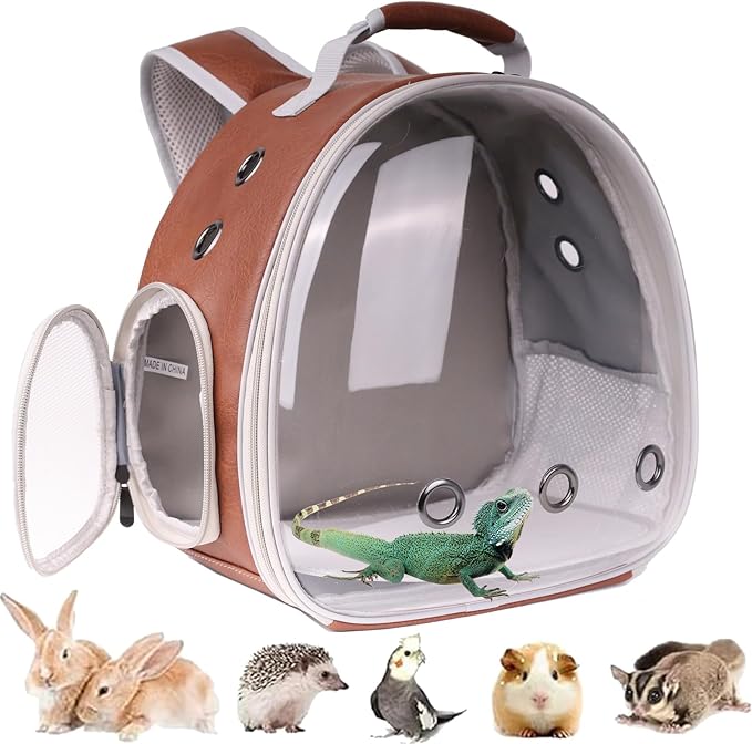 Bearded Dragon Carrier Backpack with Two Security Printing Harness with Leash Sets, Reptile Lizard Travel Bag to Carry and Transport Small Animal Kitten Bunny Guinea Pig to Vet(Brown, PU Leather)