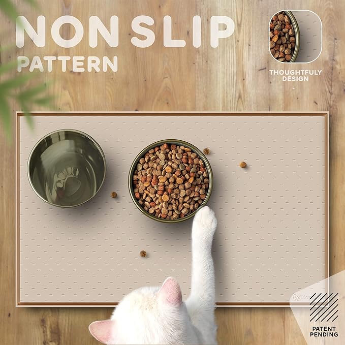 Dog Food Mat - 24x15 Raised Edges Dogs Mat for Food and Water Prevent Spill, Waterproof Cat Food Mats Protect Floors, Easy Clean Dog Bowl Mats for Food and Water, Silicone Pet Feeding Placemats Beige