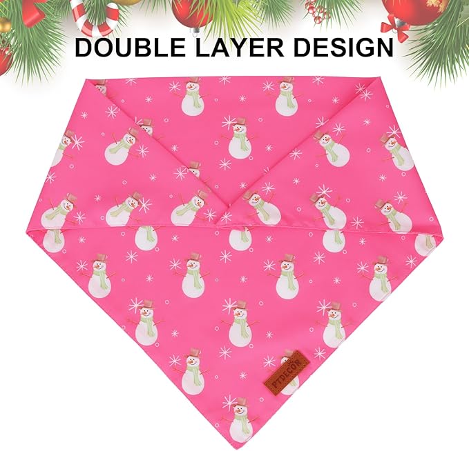 PTDECOR Christmas Dog Bandana, Santa Snowman Design Reversible Holiday Pet Scarf, Pink Triangle Fit Female Christmas Bandanas for Medium Large Dogs Pets (Large)