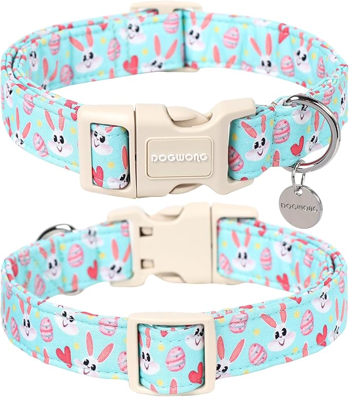 DOGWONG Easter Dog Collar, Blue Bunny Egg Dog Collar Soft Durable Adjustable Costume Cute Rabbit Easter Puppy Collar for Small Medium Large Dog