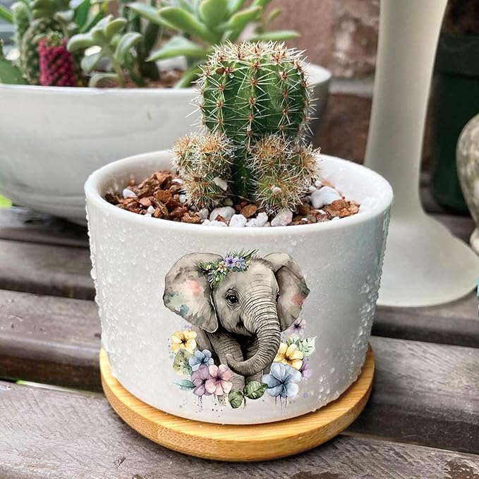 Elephants Succulent Pots 3 Pack, 3 Inch Succulent Planters with Drainage and Bamboo Tray, Elephants Gifts for Women, Ceramic Small Pots for Baby Plants, Cactus, Herbs- Plants Not Included