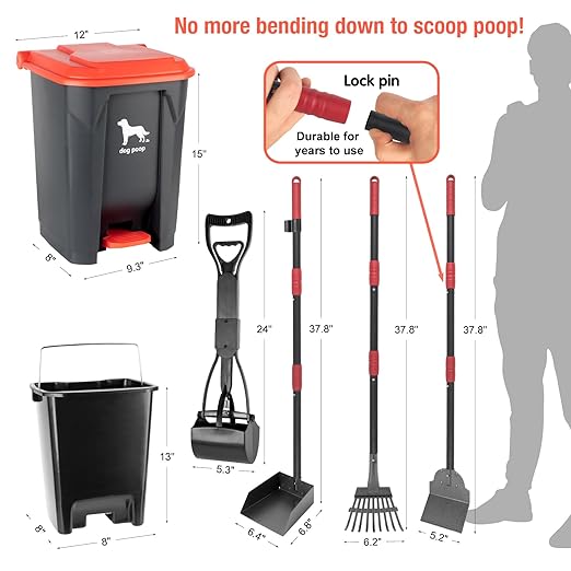Dog Pooper Scooper, 7Pcs Set Poop Trash Can with Removable Inner Bucket, Long Handle Tray & Rake, 60 Waste Bags, Dog Waste Large Bin Waterproof for Outdoor, Backyard, Garden