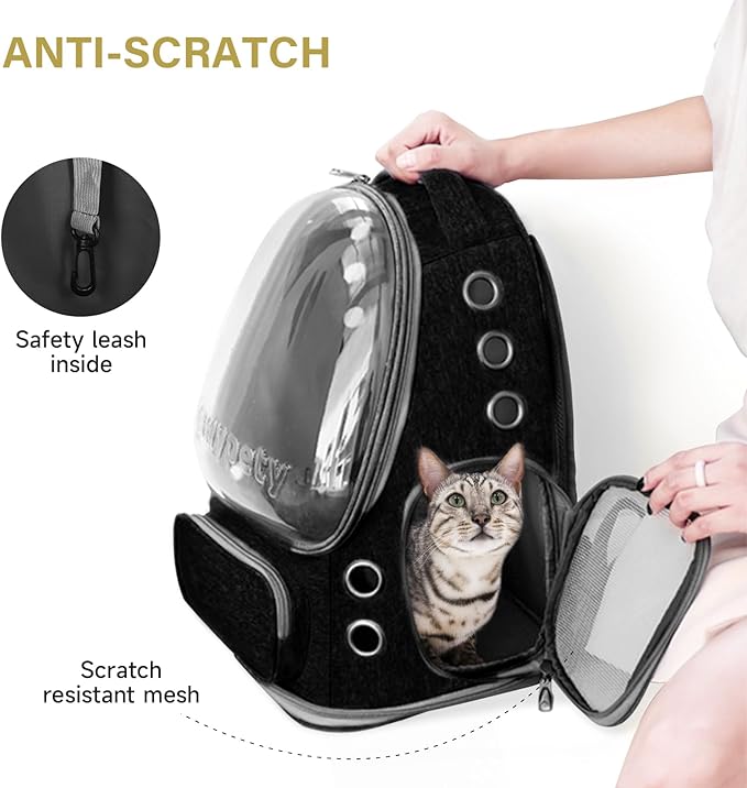 Cat Backpack Carrier, Breathable Cat Carrier Large Space Bubble Pet Backpack for Kitty Small Dog up to 12lbs, Transparent & Foldable Pet Carrier for Travel Hiking (Black