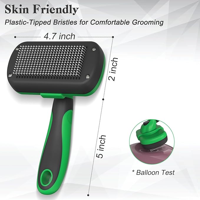 Self Cleaning Deshedding Brush for Dogs & Cats - Skin Friendly Grooming Tool with Hair Removal for Haired Pets, Green