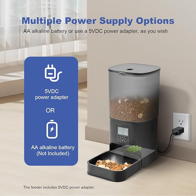 Automatic Cat Feeder, Cat Food Dispenser with 10s Voice Recorder, Pet Feeder up to 8 Meals per Day, Timed Feeder with Dry Food Sealed Ring (Black, 6L)