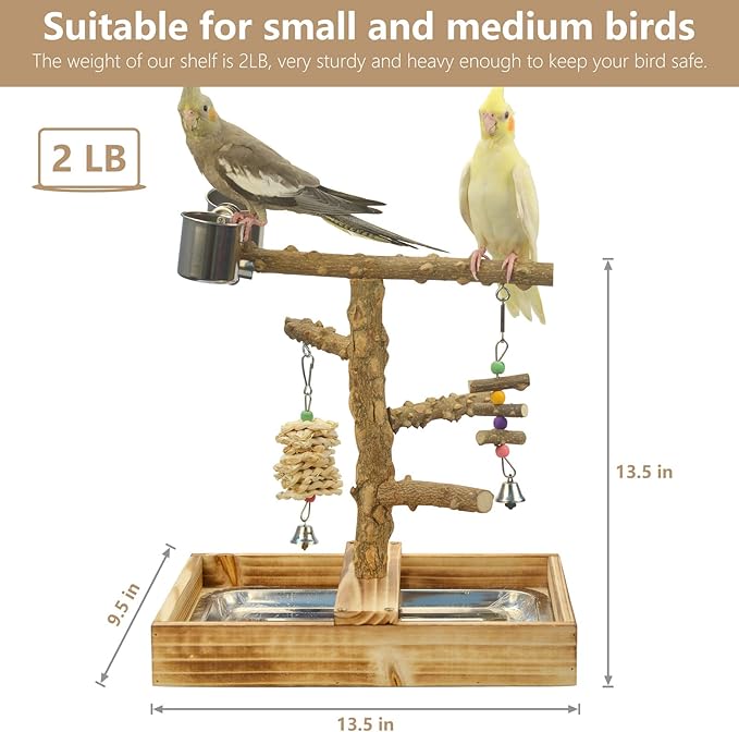 Natural Wood Bird Toys Playground, Bird Cage Accessories, Bird Perches, with Removable Tray and 2 Stainless Steel Cups