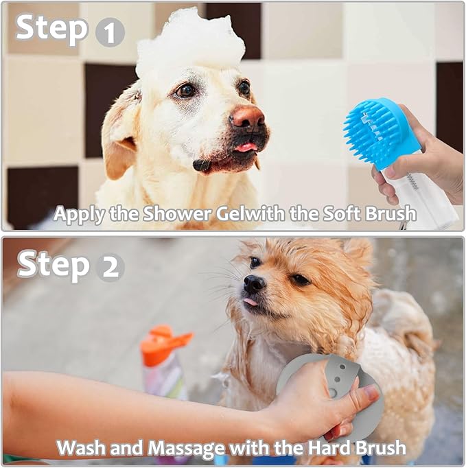 (6 Pcs) ELEGX Pet Grooming Bath Massage Brush with Soap and Shampoo Dispenser Soft Silicone Bristle for Long Short Haired Dogs Cats Shower (Deep blue kit)