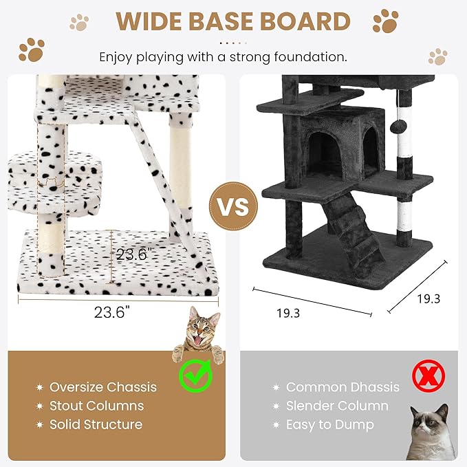 SHA CERLIN 65in Larger Cat Tree Tower Condo for Indoor Kitties/Multi-Level Furniture Activity Center with Wide Base/Cozy Plush Perches/Baskets/Sisal Scratching Posts and Hammock/White & Black Spot