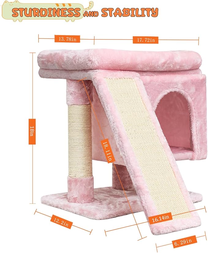 SYANDLVY Small Pink Cat Tree with Perch for Indoor Cats, Cat Tower with Scratching Post, Modern Activity House for Large Cats, Condo with Board, Kittens Cave