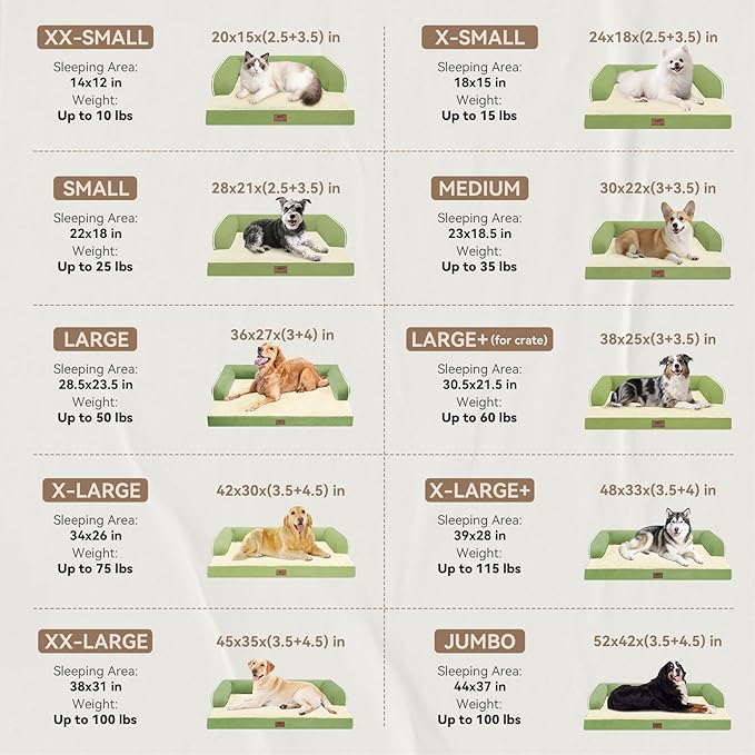 Large Dog Bed Orthopedic Washable - Removable Waterproof Cover Bed Pet - XXXL Large Big Dogs - Memory Foam - Couch Sofa with Removable Bolster - Grass Green Dog Bed