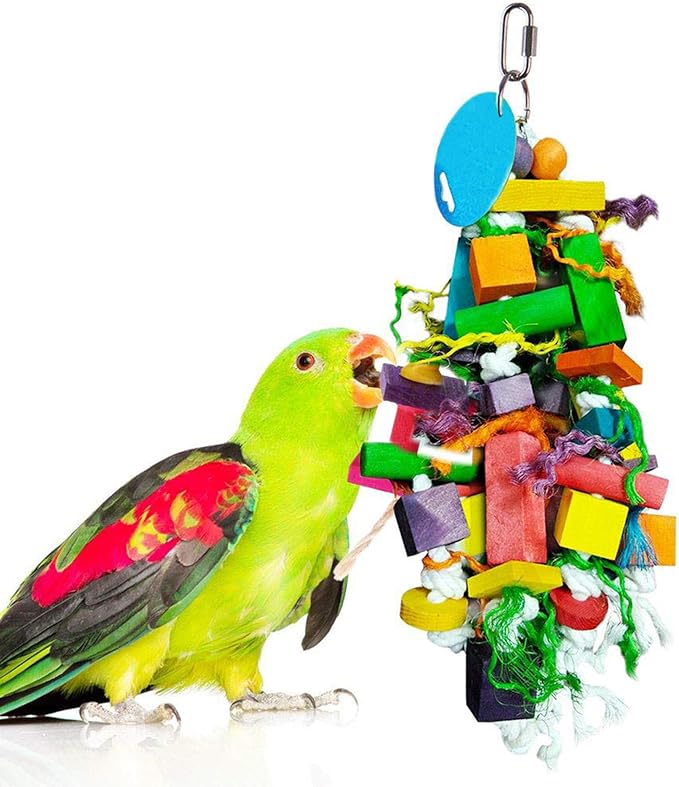 SunGrow Parrot Toy – Bird Foraging & Chew Toy with Wooden Blocks and Cotton Rope, Hanging Cage Accessory for Conures, Budgies, Parakeets & Other Small Birds