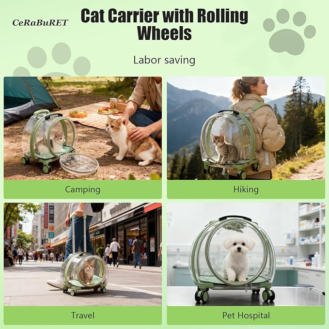 Transparent & Fully Breathable Hard Cat Carrier with Rolling Wheels, Multiple Carrying Carrier for Cats, Dogs, Or Bunnies for Traveling, Taking a Walk, Applicable Weighing up to 19.84lbs (Green,Clear)