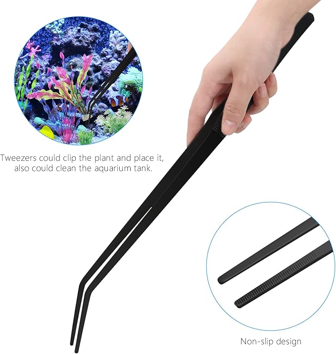 Aquarium Aquascape Tools Kit 15in, 4 in 1 Anti-Rust Aquatic Plant Aquascaping Tool Stainless Steel Tweezer Scissor Spatula for Aquarium Tank Clean Fish Tank Aquascape Accessories Set (black)