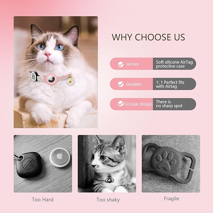 8-13in Airtag Cat Collar Lightweight and Comfortable, Bells & Flower Charm Collar Breakaway with Silicone with Apple Air Tag Holder Smart ID tag for Cats and Puppies(Purple)