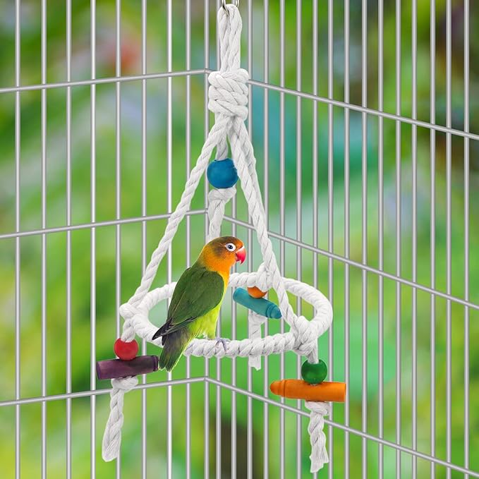 Litewoo Bird Parrot Cotton Swing Round Perch Stand with Chew Toy for Parakeet Budgie Cockatiel Finch Conure Canary Budgie