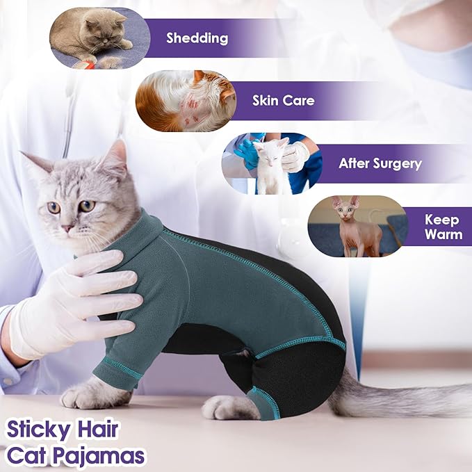 SUNFURA Hair Sticky Cat Clothes, Cat Sweater for Cats Only, 4-Legged Fleece Sweaters Kitten Pajamas Reduce Shedding Fur, Warm Pullover Shirts for Cats, Green S